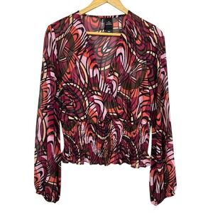 Bisou Bisou Abstract Swirl Sheer Long Sleeve Smocked Waist V Neck Blouse Top Med